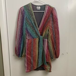 Saylor Womens Debbie Shimmer Rainbow Faux Wrap Mini Dress